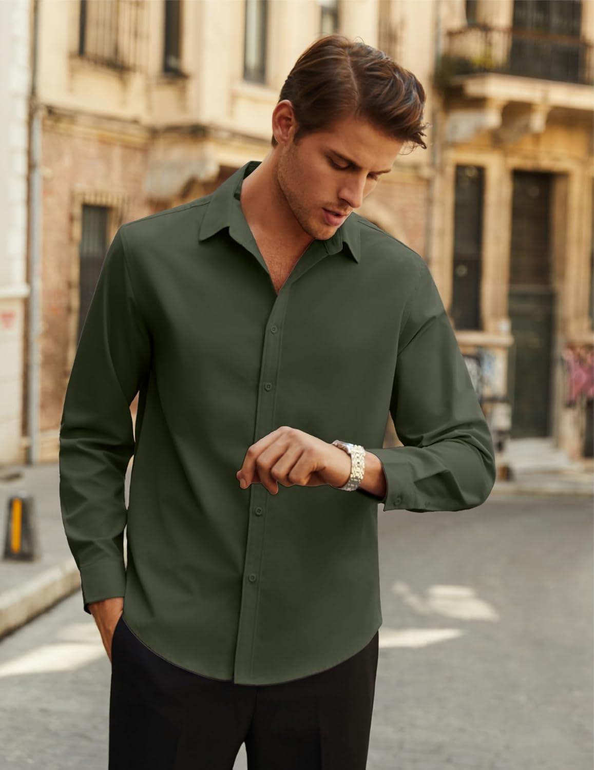 imageCOOFANDY Mens Long Sleeve Button Down Shirts Casual Untucked Dress Shirt Beach Wedding ShirtsArmy Green
