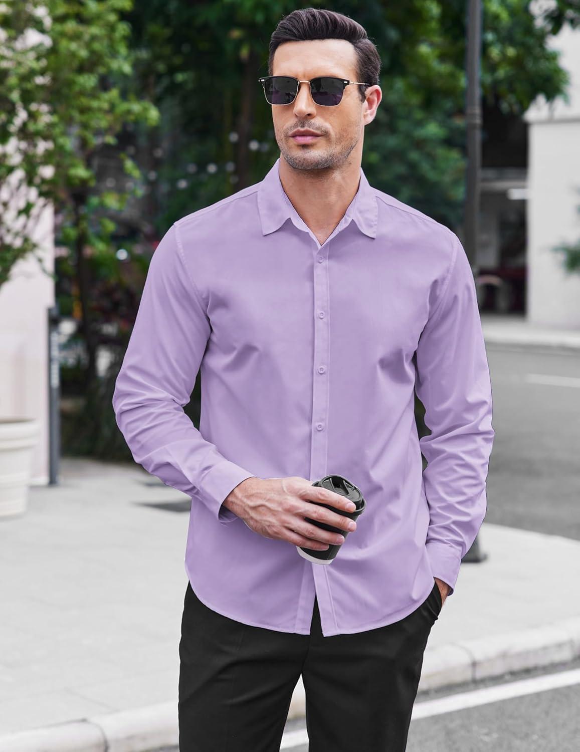 imageCOOFANDY Mens Long Sleeve Button Down Shirts Casual Untucked Dress Shirt Beach Wedding ShirtsLight Purple