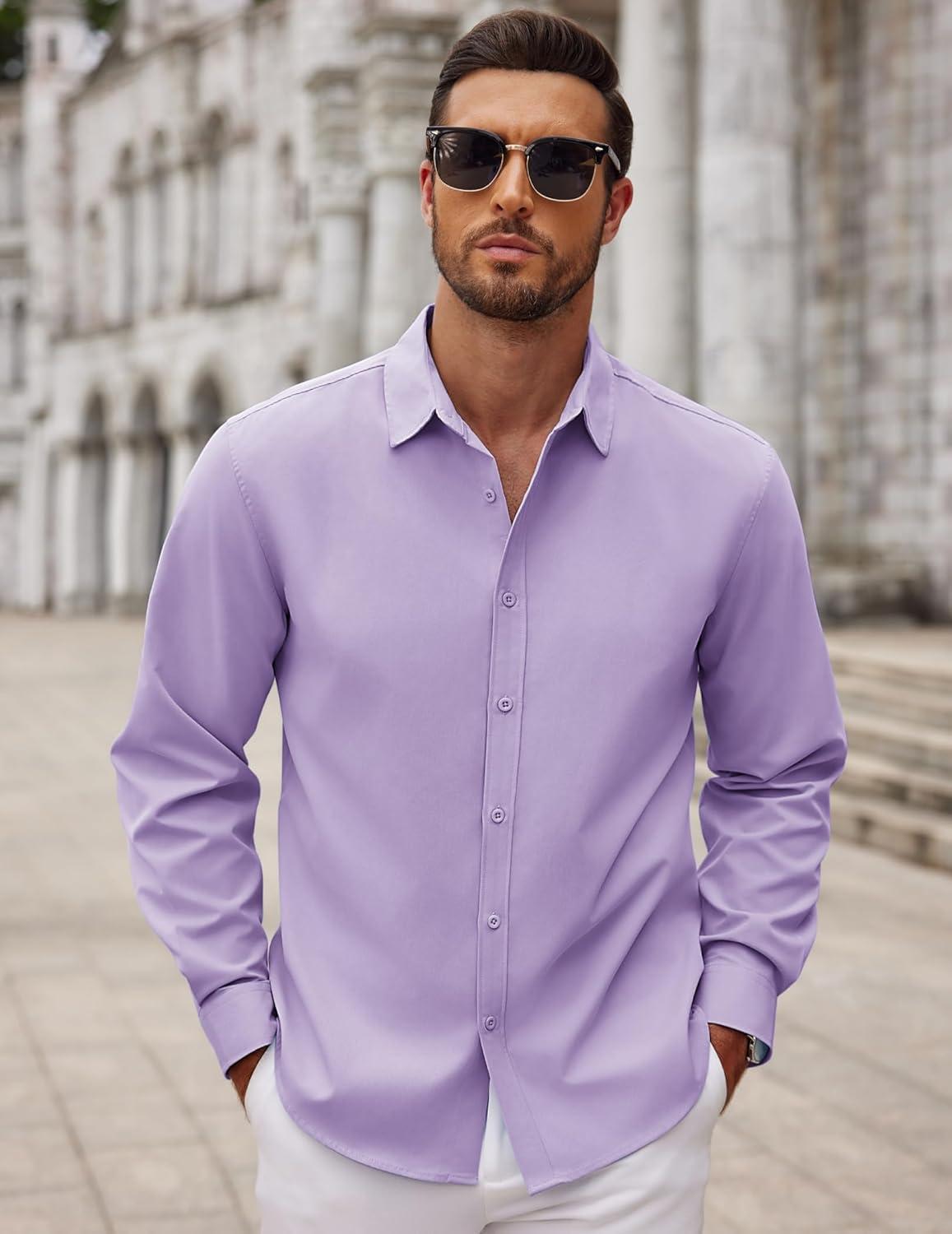 imageCOOFANDY Mens Long Sleeve Button Down Shirts Casual Untucked Dress Shirt Beach Wedding ShirtsLight Purple