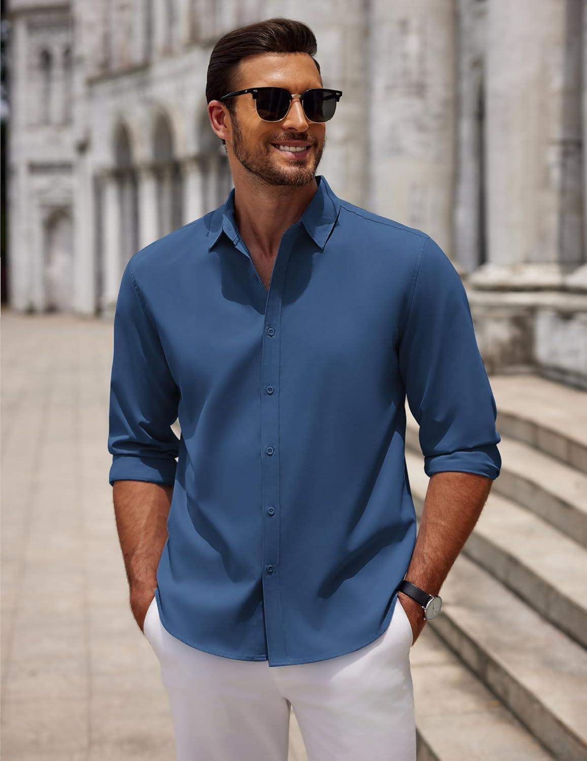 imageCOOFANDY Mens Long Sleeve Button Down Shirts Casual Untucked Dress Shirt Beach Wedding ShirtsNavy