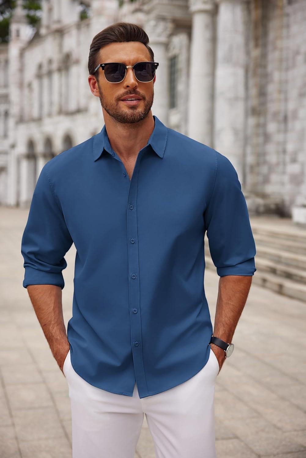 imageCOOFANDY Mens Long Sleeve Button Down Shirts Casual Untucked Dress Shirt Beach Wedding ShirtsNavy
