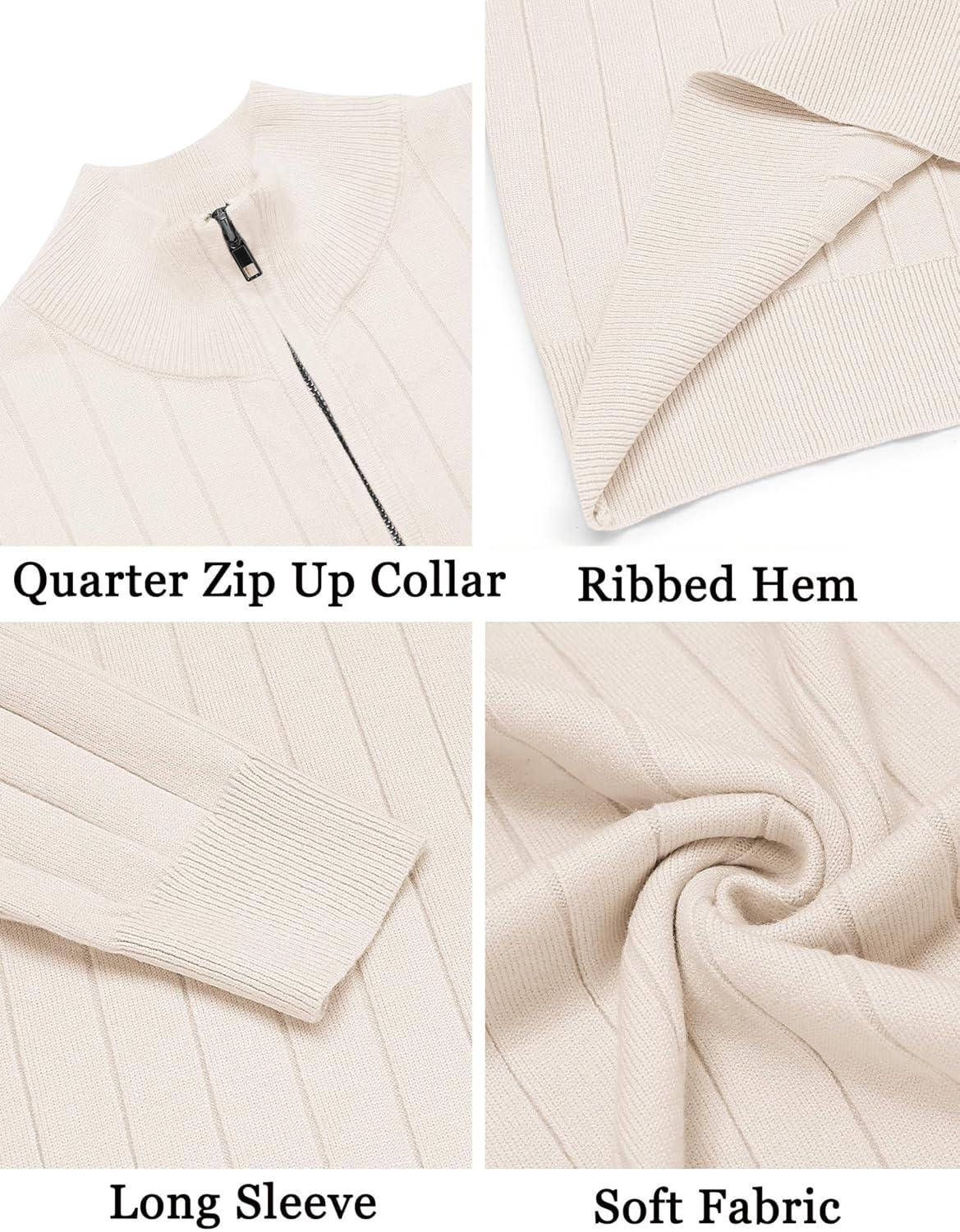 imageCOOFANDY Mens Quarter Zip Sweaters Slim Fit Mock Neck Pullover Sweaters Lightweight Knitted Polo SweaterOffwhite