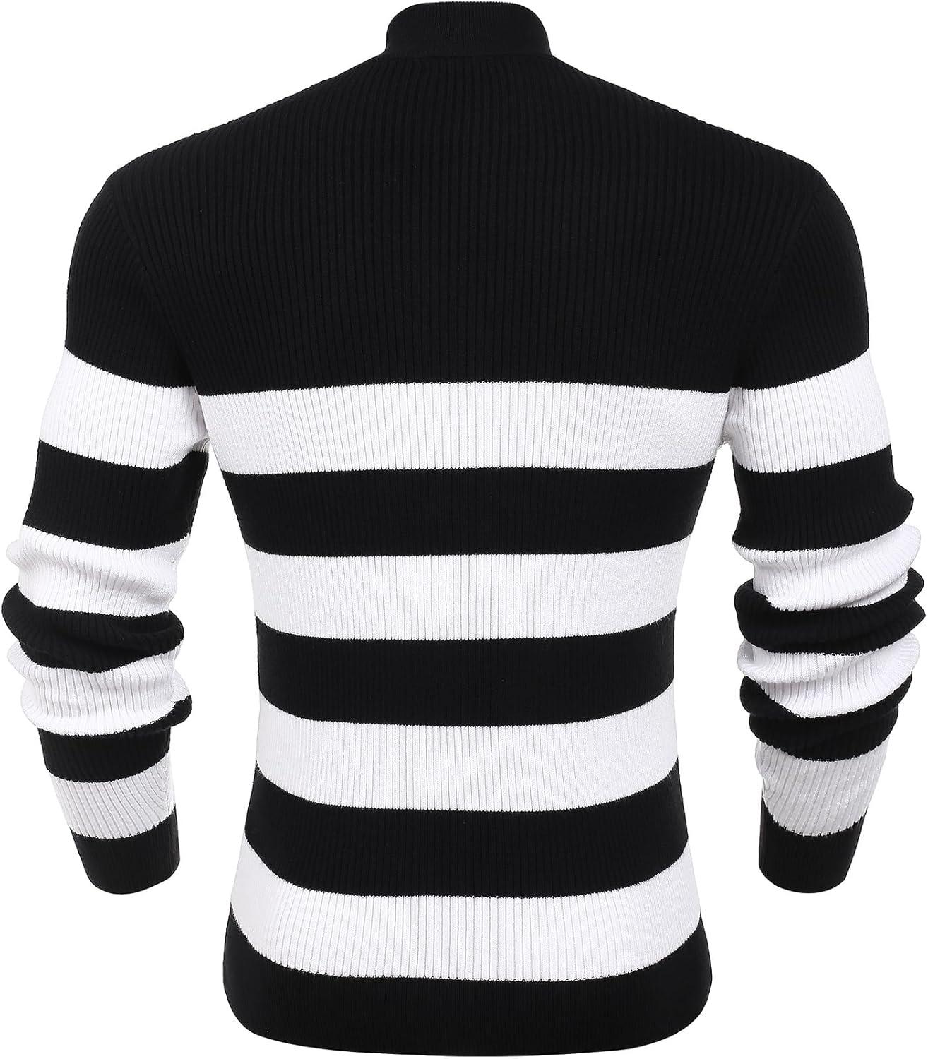 imageCOOFANDY Mens Quarter Zip Sweaters Slim Fit Mock Neck Pullover Sweaters Lightweight Knitted Polo SweaterStripe Black White
