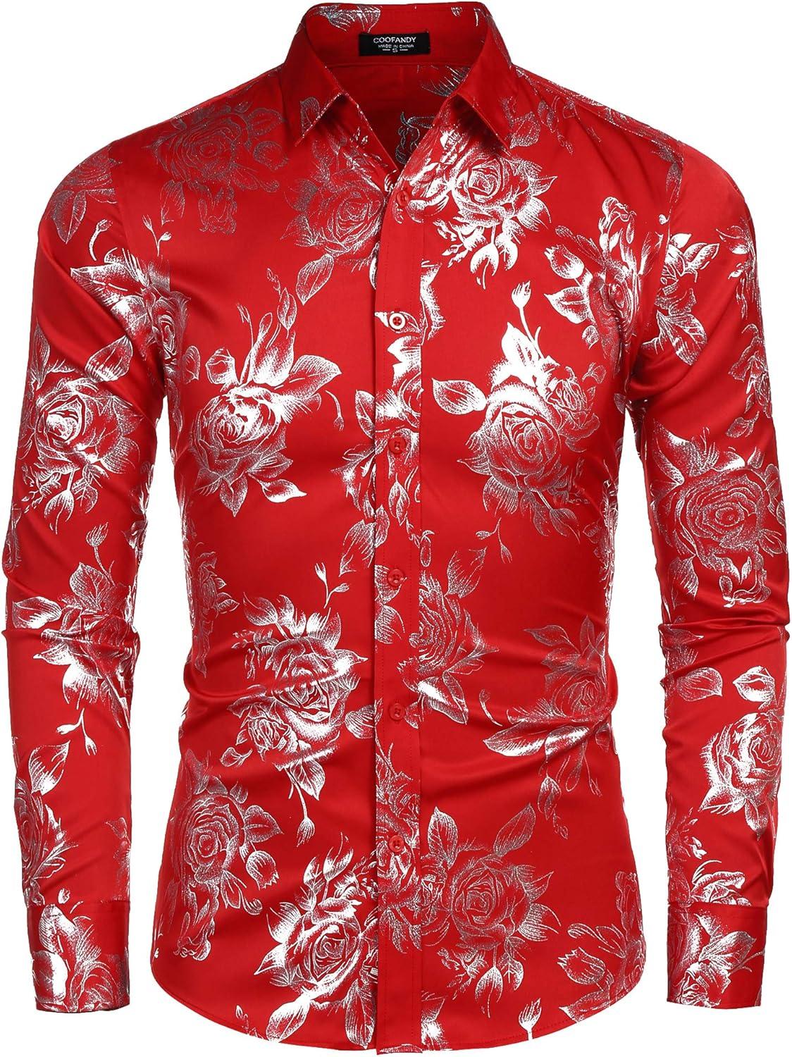 imageCOOFANDY Mens Rose Shiny Shirt Luxury Flowered Printed Button Down ShirtRed Long Sleeve