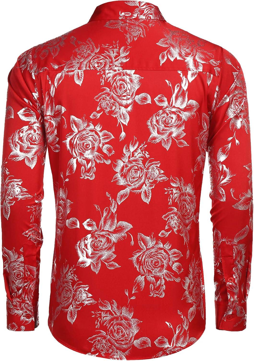 imageCOOFANDY Mens Rose Shiny Shirt Luxury Flowered Printed Button Down ShirtRed Long Sleeve