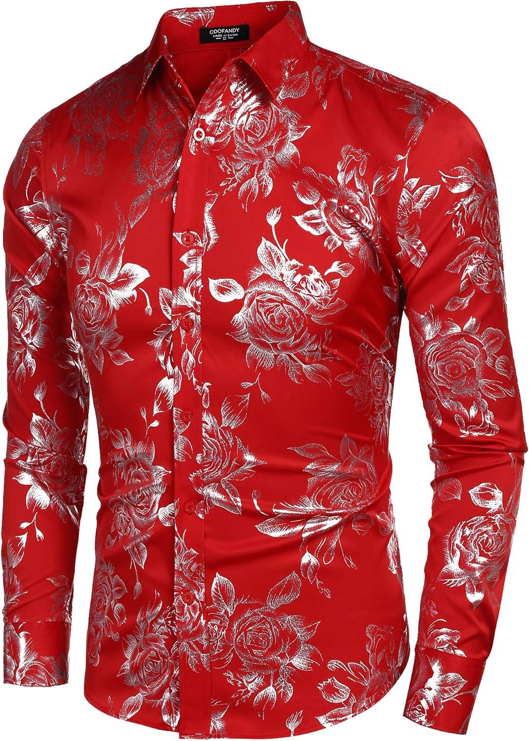 imageCOOFANDY Mens Rose Shiny Shirt Luxury Flowered Printed Button Down ShirtRed Long Sleeve