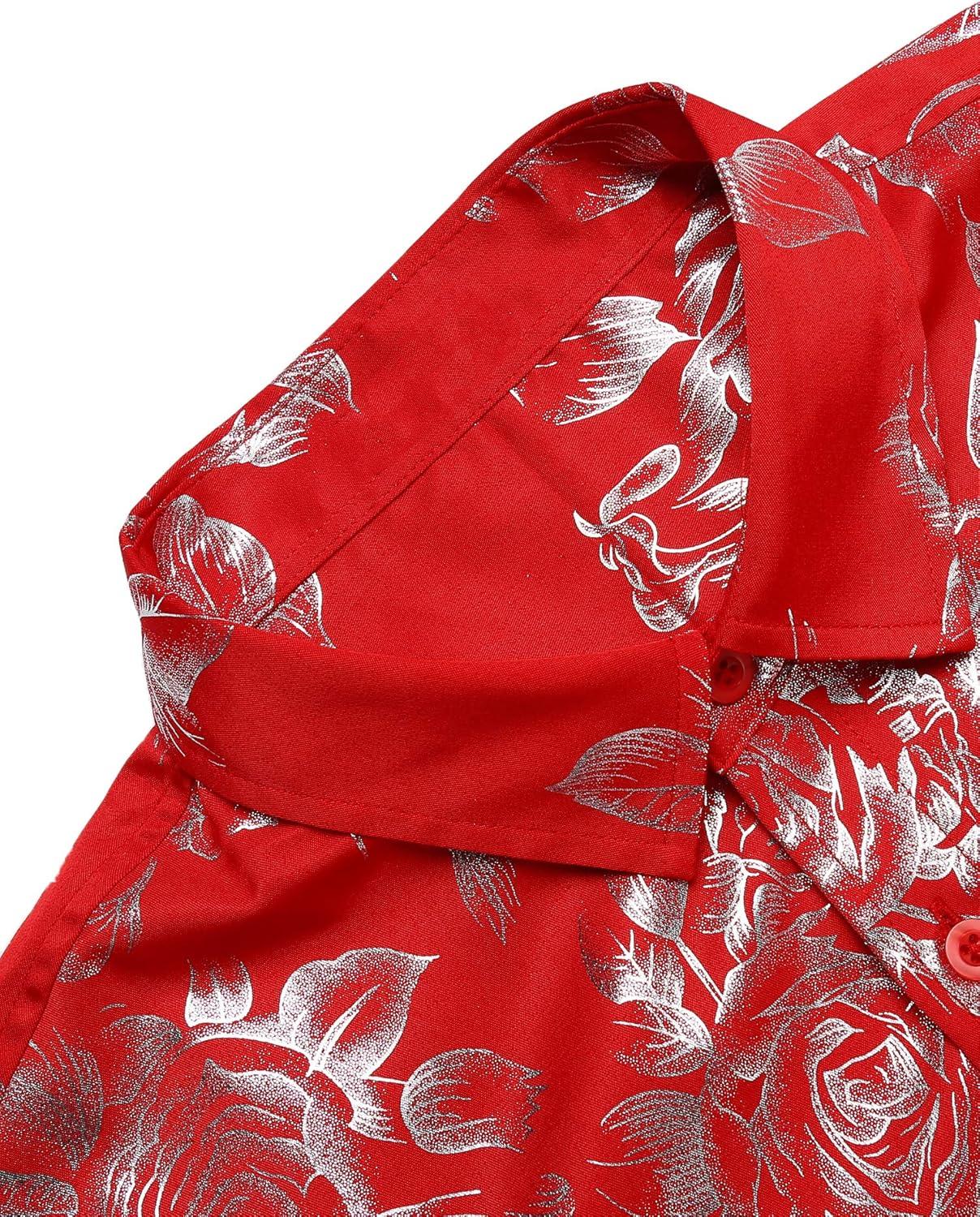 imageCOOFANDY Mens Rose Shiny Shirt Luxury Flowered Printed Button Down ShirtRed Long Sleeve