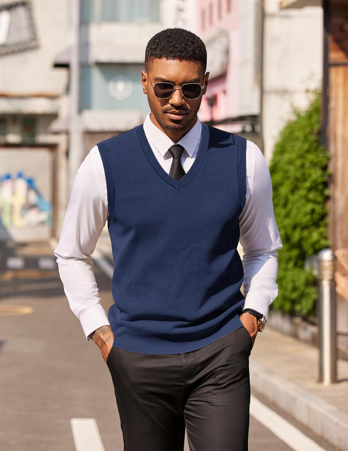 imageCOOFANDY Mens Sleeveless Sweater Vest Lightweight VNeck Cotton Vest Pullover1 Navy Blue