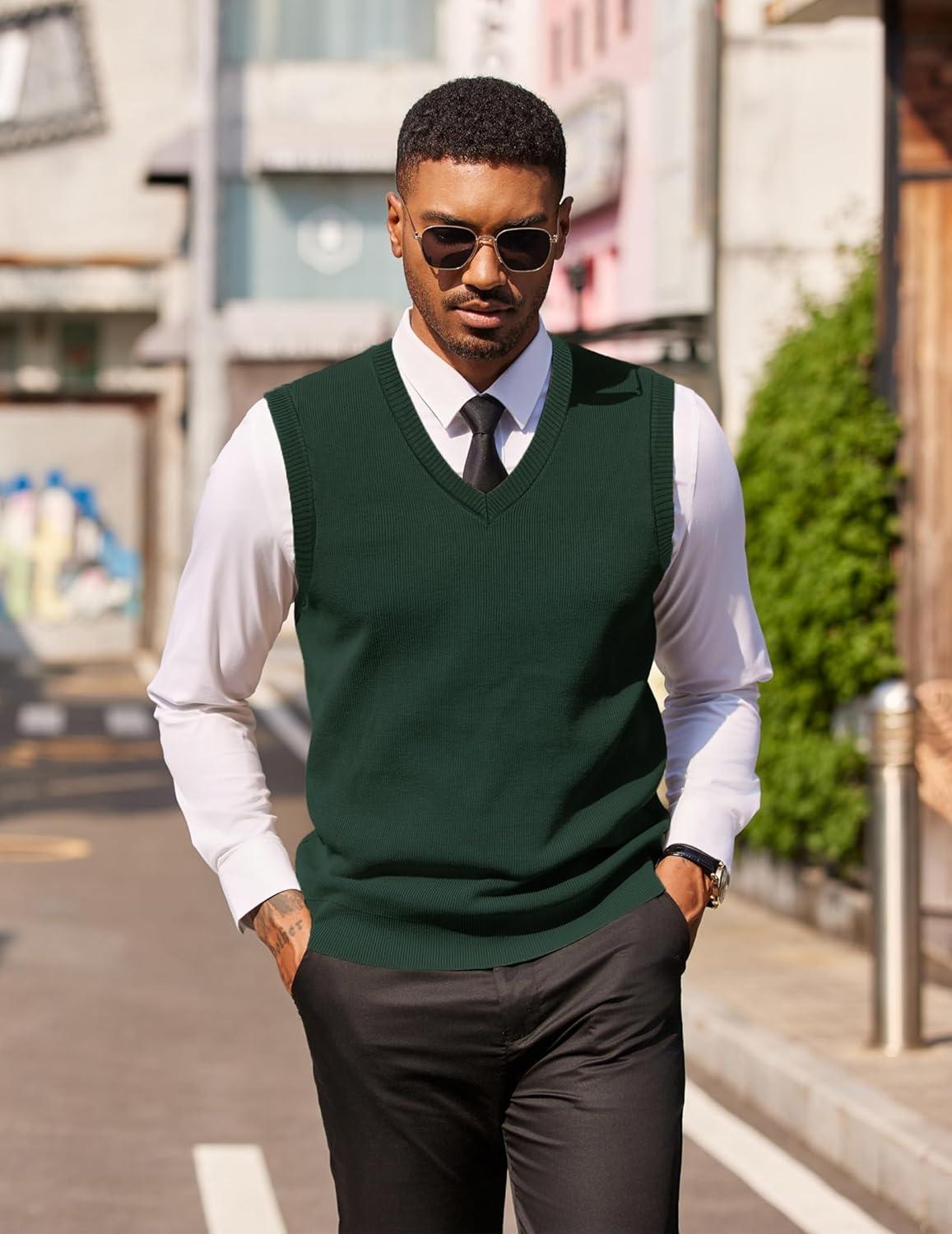 imageCOOFANDY Mens Sleeveless Sweater Vest Lightweight VNeck Cotton Vest PulloverGreen