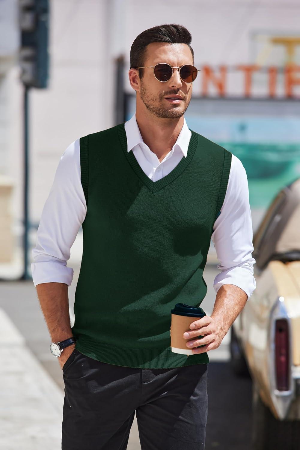 imageCOOFANDY Mens Sleeveless Sweater Vest Lightweight VNeck Cotton Vest PulloverGreen