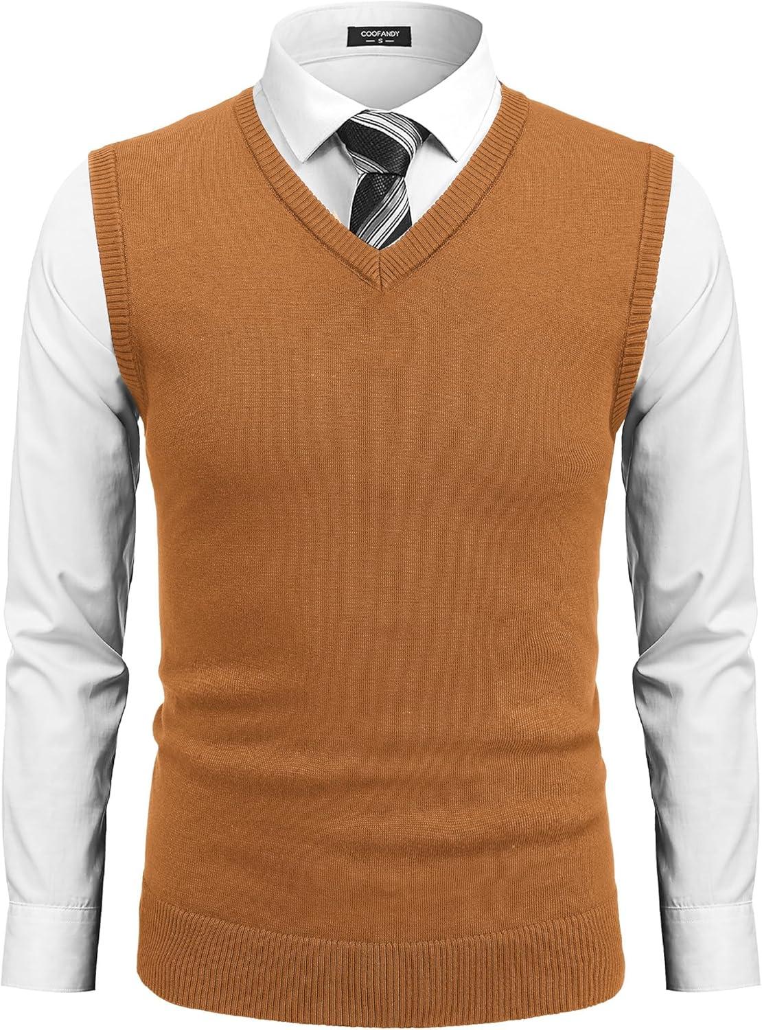 imageCOOFANDY Mens Sleeveless Sweater Vest Lightweight VNeck Cotton Vest PulloverLight Brown