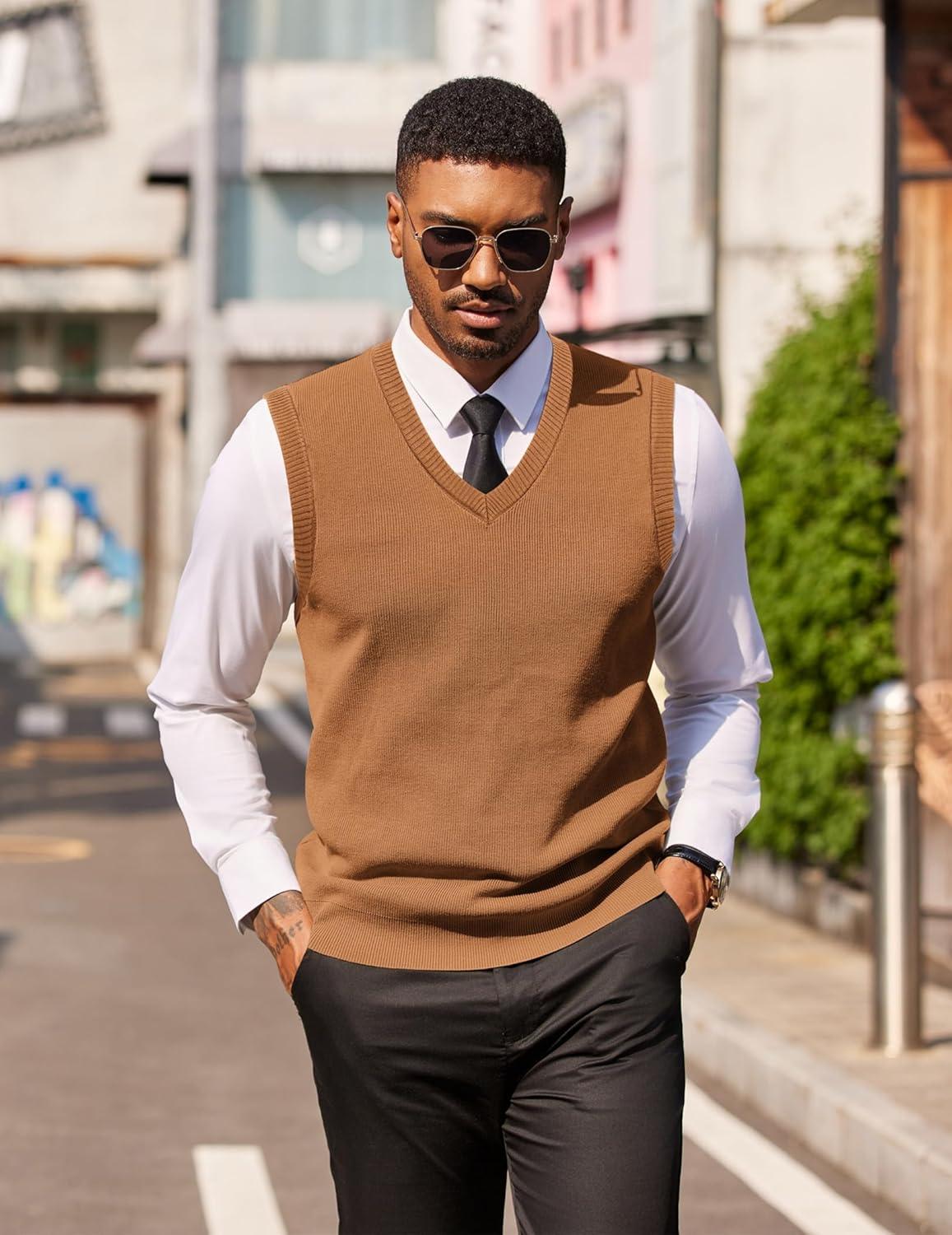 imageCOOFANDY Mens Sleeveless Sweater Vest Lightweight VNeck Cotton Vest PulloverLight Brown