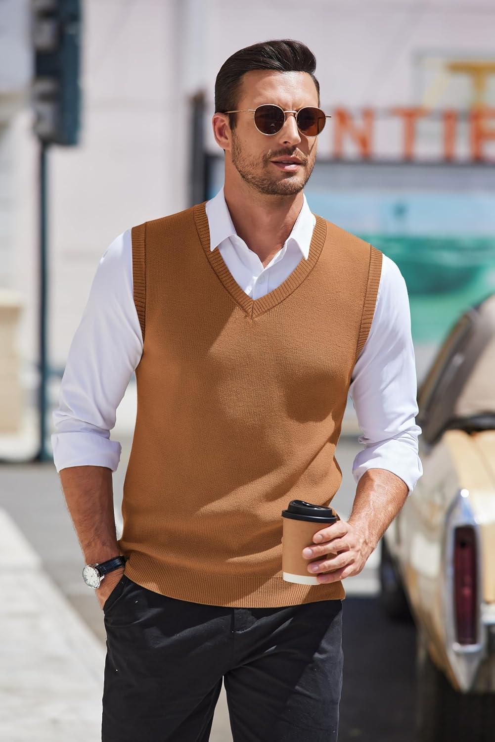imageCOOFANDY Mens Sleeveless Sweater Vest Lightweight VNeck Cotton Vest PulloverLight Brown