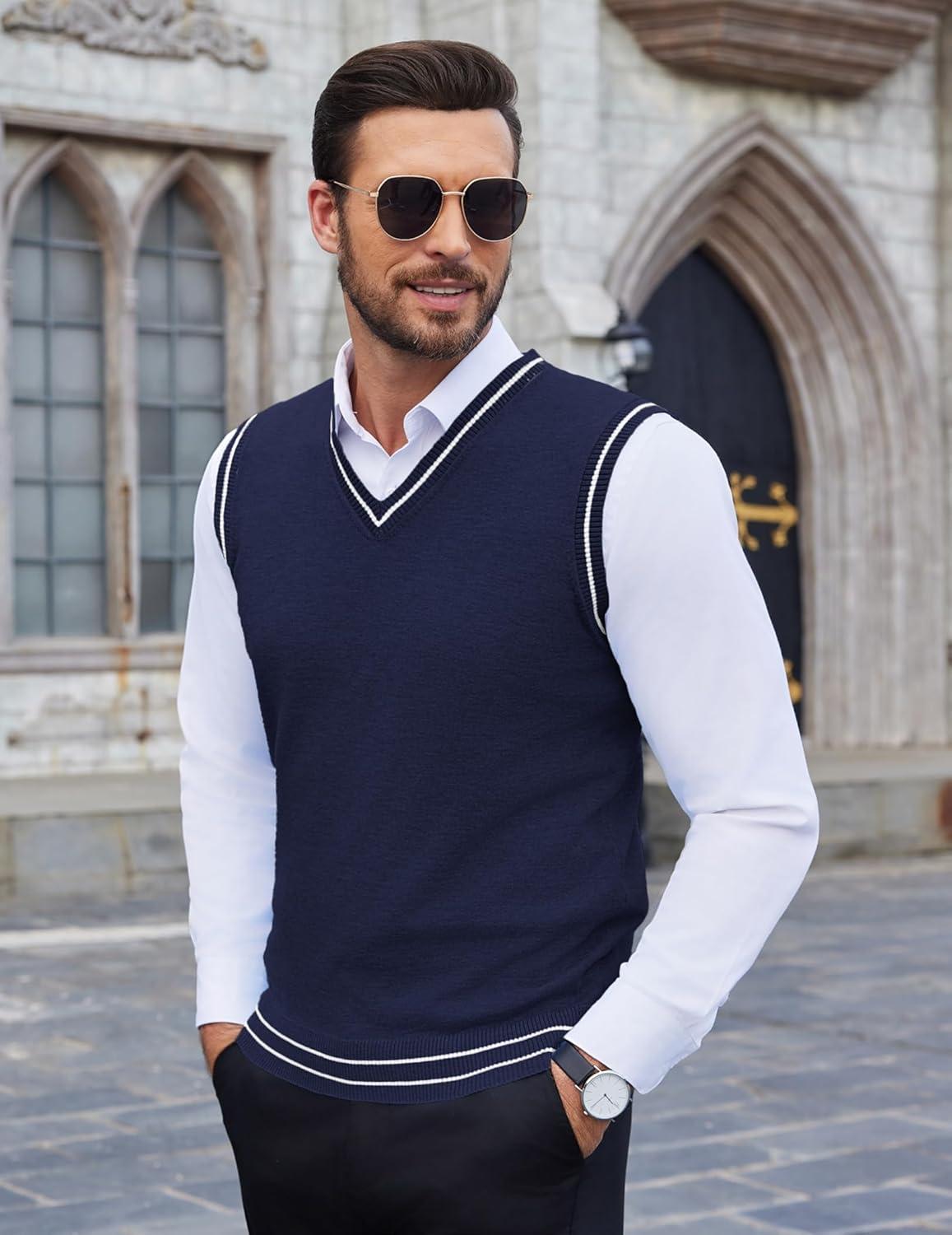 imageCOOFANDY Mens Sleeveless Sweater Vest Lightweight VNeck Cotton Vest PulloverStripes Navy Blue