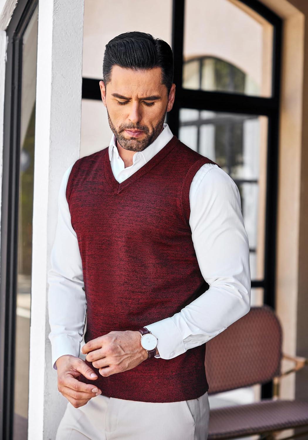 imageCOOFANDY Mens Sleeveless Sweater Vest Lightweight VNeck Cotton Vest PulloverWine Red