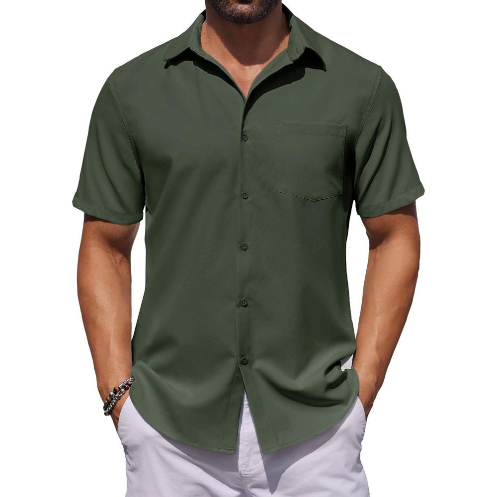 imageCOOFANDY Mens Button Down Shirts Short Sleeve Stain Shield Dress Shirts Business Casual Shirt with PocketOlive Green