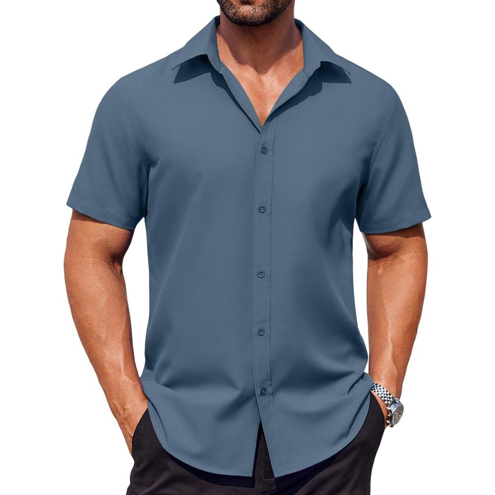 imageCOOFANDY Mens Button Down Shirts Stain Shield Dress Shirts Short Sleeve Summer Business Casual ShirtsBlue