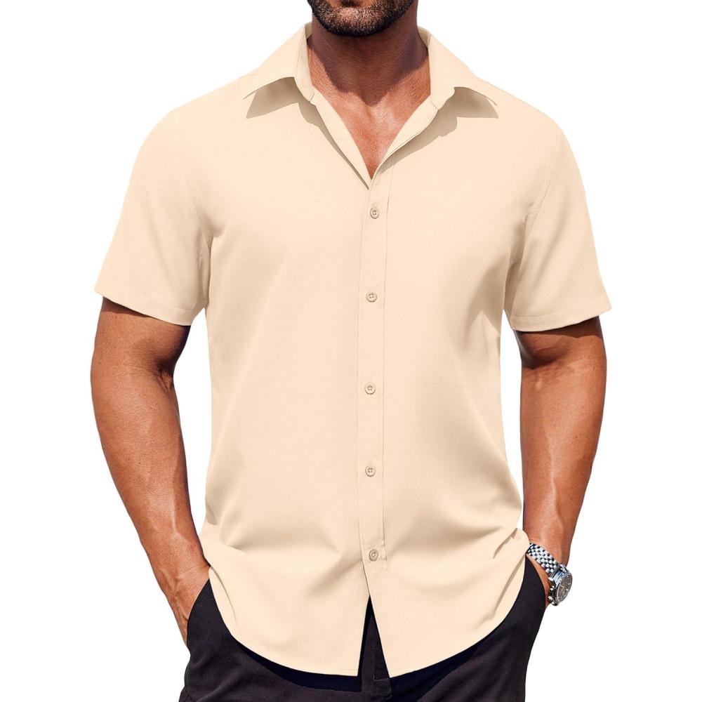 imageCOOFANDY Mens Button Down Shirts Stain Shield Dress Shirts Short Sleeve Summer Business Casual ShirtsLight Khaki