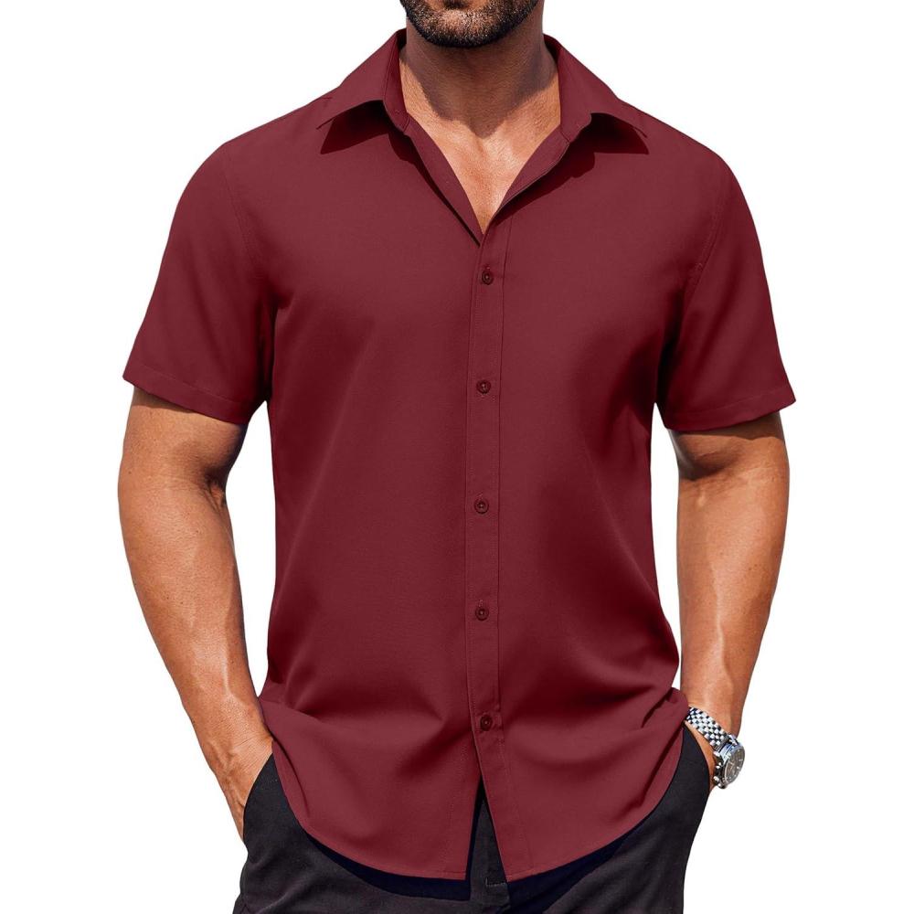 imageCOOFANDY Mens Button Down Shirts Stain Shield Dress Shirts Short Sleeve Summer Business Casual ShirtsWine Red