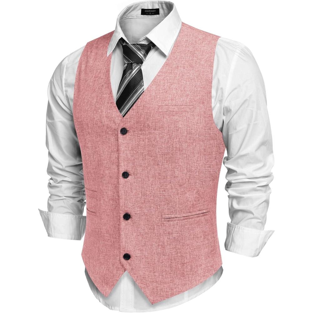 imageCOOFANDY Mens Casual Business Vests Lightweight Waistcoat Slim Fit Suit VestPink
