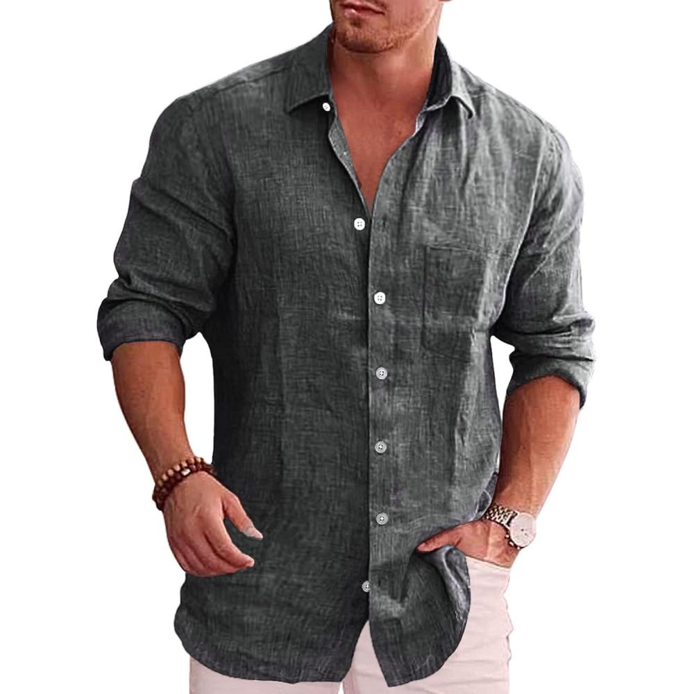 imageCOOFANDY Mens Casual Button Down Shirt Long Sleeve Linen Chambray Shirt1 Black