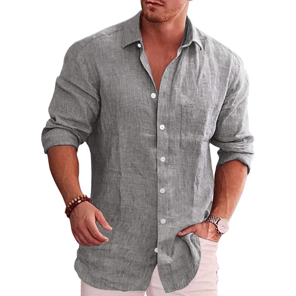 imageCOOFANDY Mens Casual Button Down Shirt Long Sleeve Linen Chambray Shirt1 Light Grey