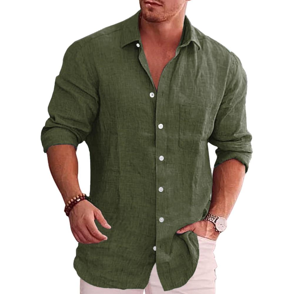 imageCOOFANDY Mens Casual Button Down Shirt Long Sleeve Linen Chambray ShirtArmy Green