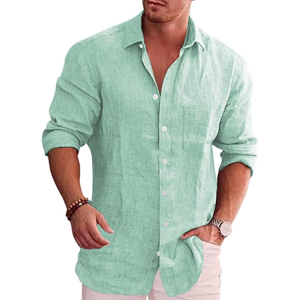 imageCOOFANDY Mens Casual Button Down Shirt Long Sleeve Linen Chambray ShirtBright Green