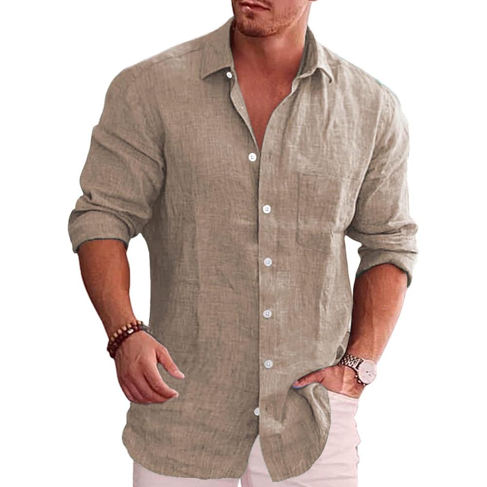 imageCOOFANDY Mens Casual Button Down Shirt Long Sleeve Linen Chambray ShirtCamel