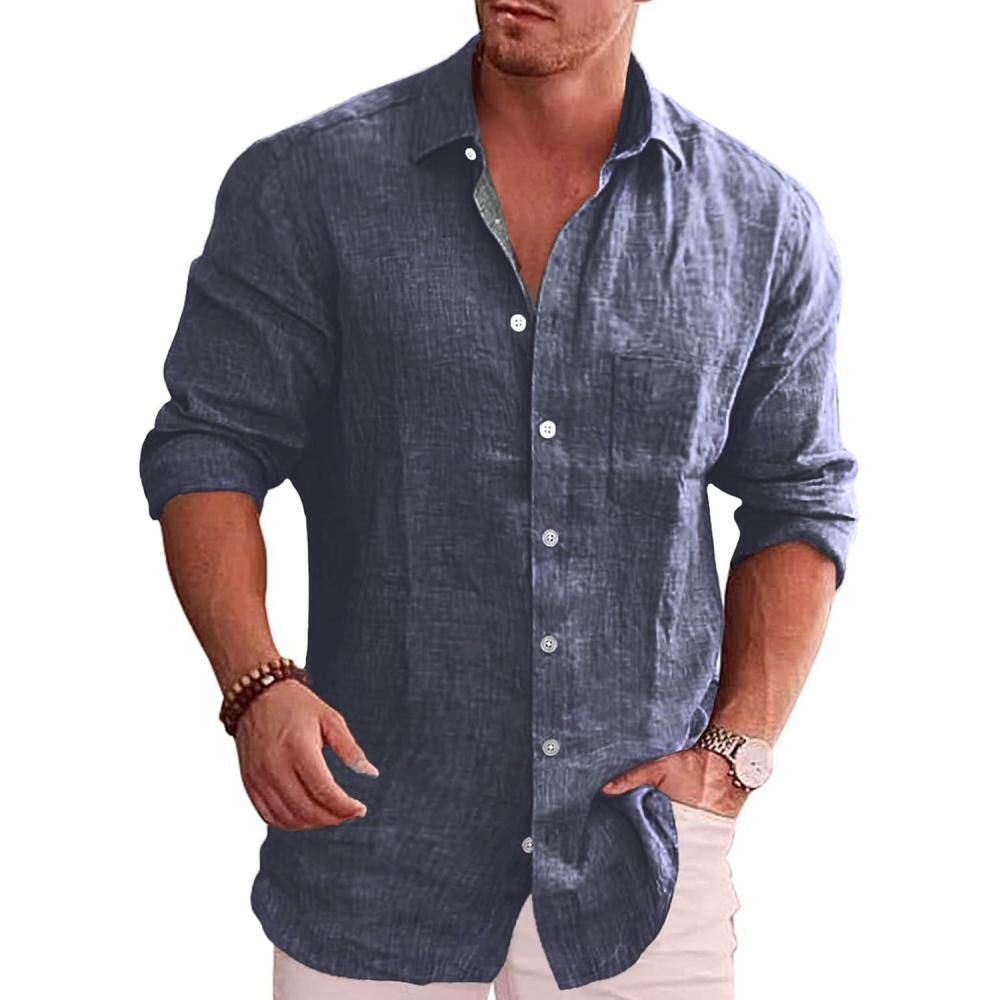 imageCOOFANDY Mens Casual Button Down Shirt Long Sleeve Linen Chambray ShirtFlecking Blue