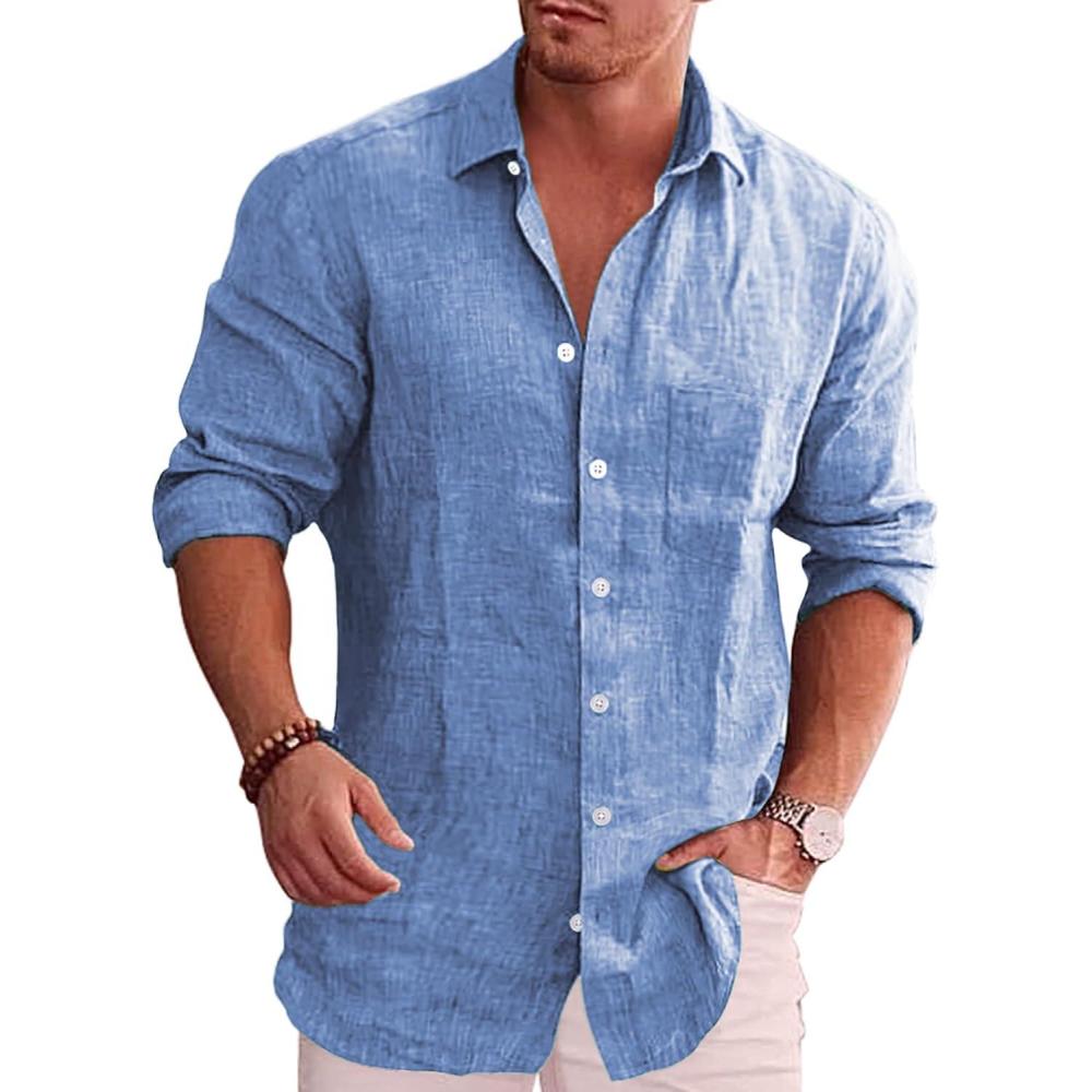 imageCOOFANDY Mens Casual Button Down Shirt Long Sleeve Linen Chambray ShirtLight Blue