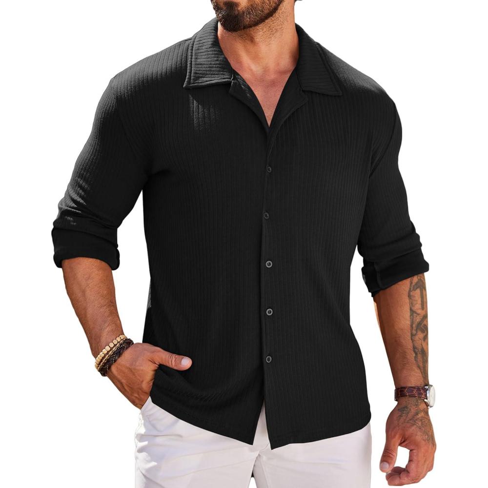 imageCOOFANDY Mens Casual Button Down Shirts Long Sleeve Muscle Shirt Athletic Fit Dress Shirts Stylish Fall Cuban Collar Shirt Black