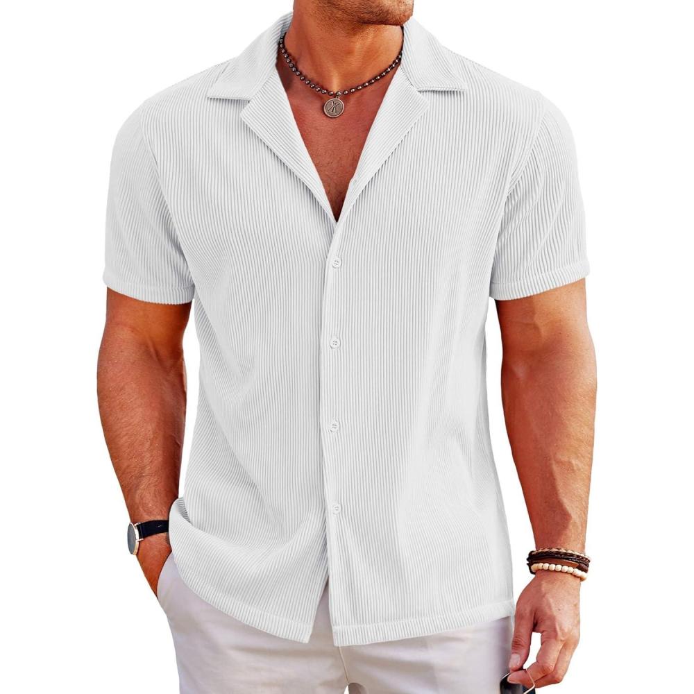 imageCOOFANDY Mens Casual Button Down Shirts Short Sleeve Regular Fit Fashion Camp Beach Shirts TopsAll White
