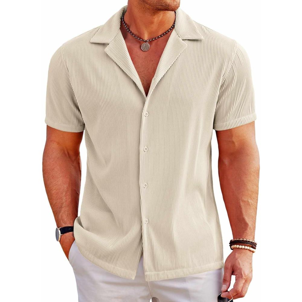 imageCOOFANDY Mens Casual Button Down Shirts Short Sleeve Regular Fit Fashion Camp Beach Shirts TopsBeige