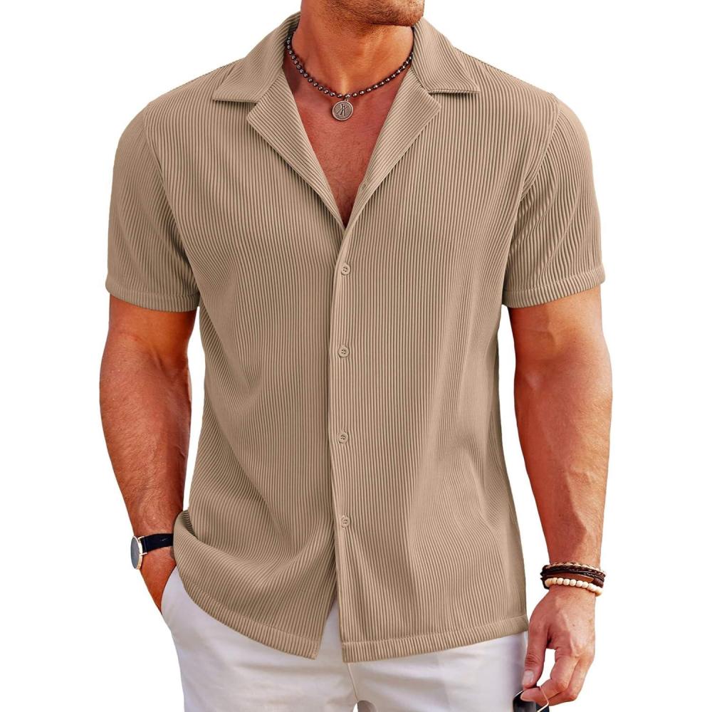 imageCOOFANDY Mens Casual Button Down Shirts Short Sleeve Regular Fit Fashion Camp Beach Shirts TopsBrown