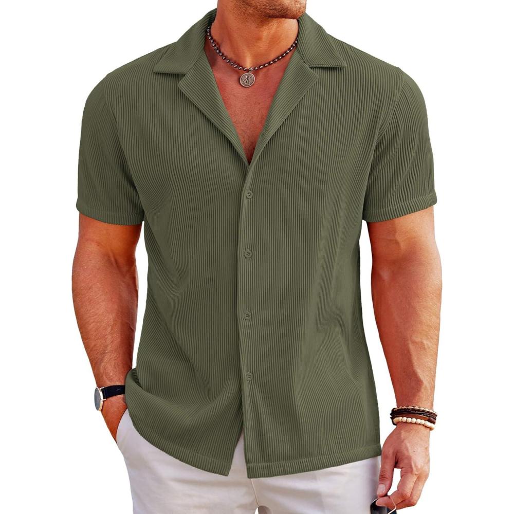 imageCOOFANDY Mens Casual Button Down Shirts Short Sleeve Regular Fit Fashion Camp Beach Shirts TopsGreen
