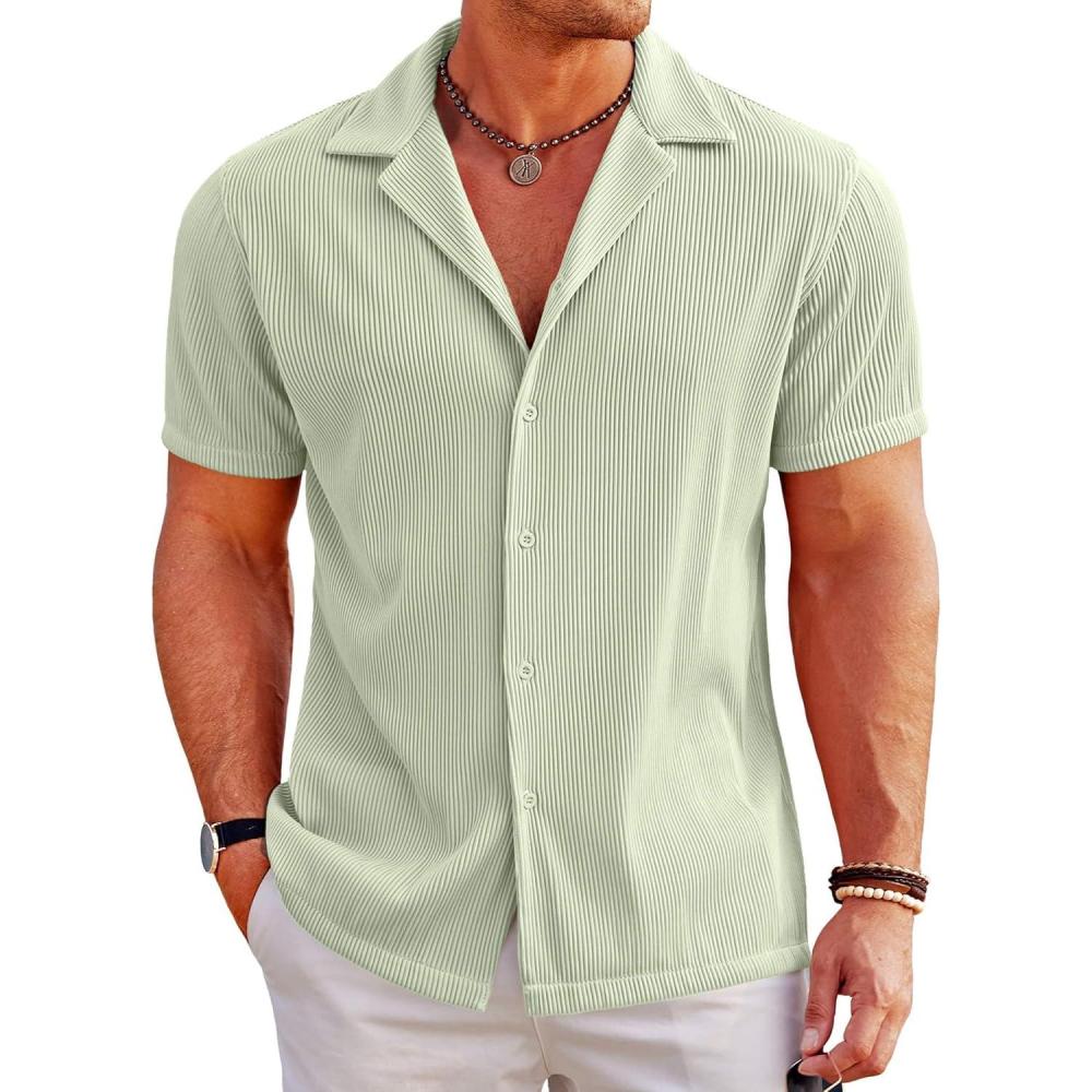 imageCOOFANDY Mens Casual Button Down Shirts Short Sleeve Regular Fit Fashion Camp Beach Shirts TopsLight Green