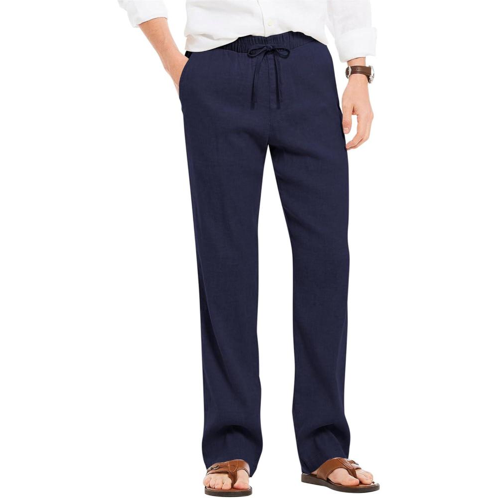 imageCOOFANDY Mens Casual Linen Summer Beach Pants Lightweight Drawstring Elastic Waist Yoga TrousersNavy Blue