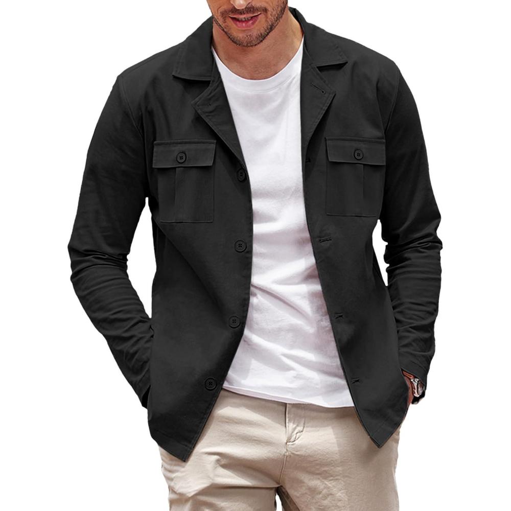 imageCOOFANDY Mens Casual Shirt Jacket Long Sleeve Button Down Overshirt Lightweight Shacket with PocketsBlack