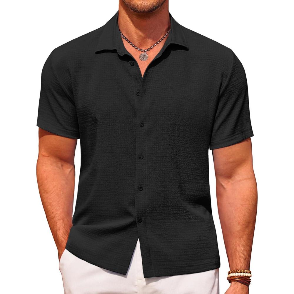 imageCOOFANDY Mens Casual Short Sleeve Button Down Shirt Textured Summer Beach ShirtBlack