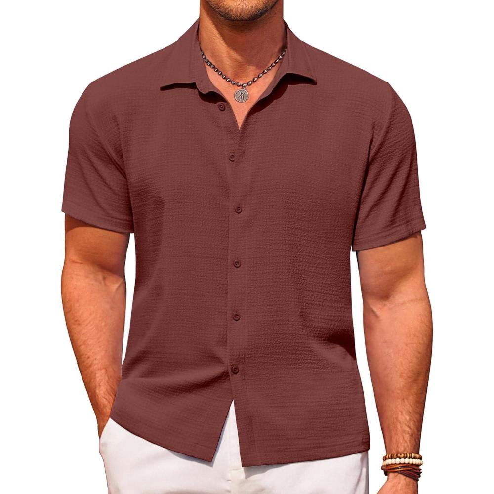 imageCOOFANDY Mens Casual Short Sleeve Button Down Shirt Textured Summer Beach ShirtCoffee