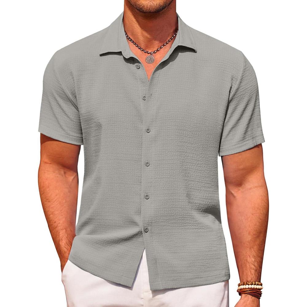 imageCOOFANDY Mens Casual Short Sleeve Button Down Shirt Textured Summer Beach ShirtLight Grey