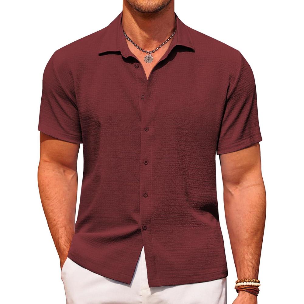 imageCOOFANDY Mens Casual Short Sleeve Button Down Shirt Textured Summer Beach ShirtWine Red