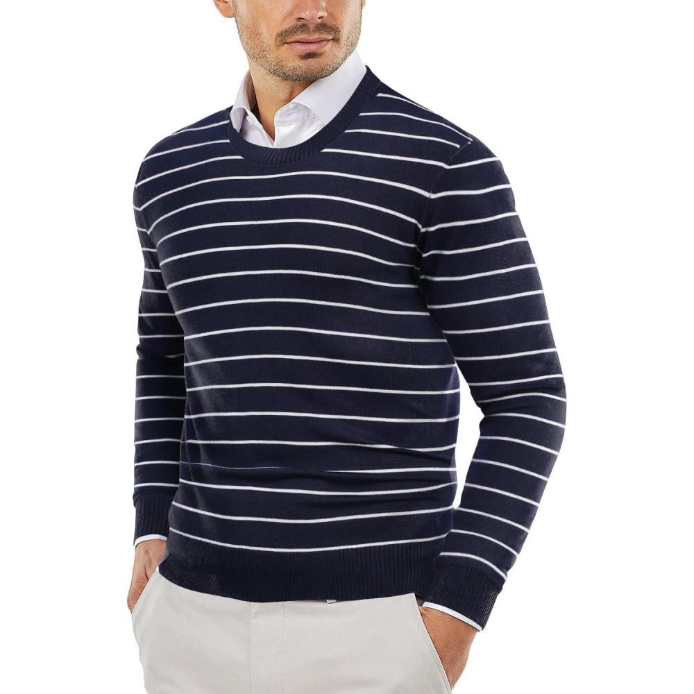 imageCOOFANDY Mens Crew Neck Sweater Slim Fit Lightweight Sweatshirts Knitted Pullover for Casual Or Dressy WearHorizontal Stripes White  Navy Blue