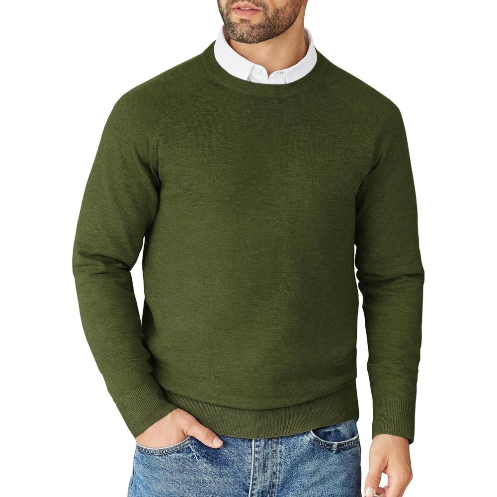 imageCOOFANDY Mens Crewneck Sweater Casual Dress Pullover Sweaters Slim Fit Lightweight Long Sleeve Raglan SweatersArmy Green