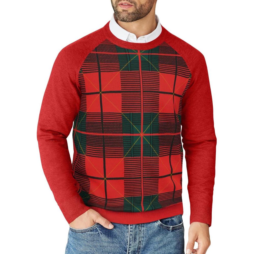 imageCOOFANDY Mens Crewneck Sweater Casual Dress Pullover Sweaters Slim Fit Lightweight Long Sleeve Raglan SweatersChristmas Red  Green