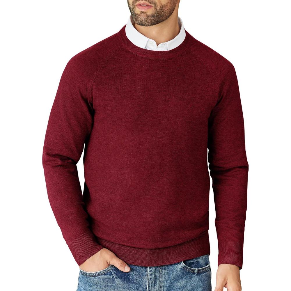 imageCOOFANDY Mens Crewneck Sweater Casual Dress Pullover Sweaters Slim Fit Lightweight Long Sleeve Raglan SweatersDark Red