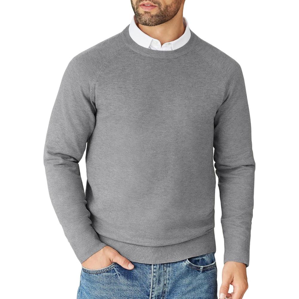 imageCOOFANDY Mens Crewneck Sweater Casual Dress Pullover Sweaters Slim Fit Lightweight Long Sleeve Raglan SweatersGrey