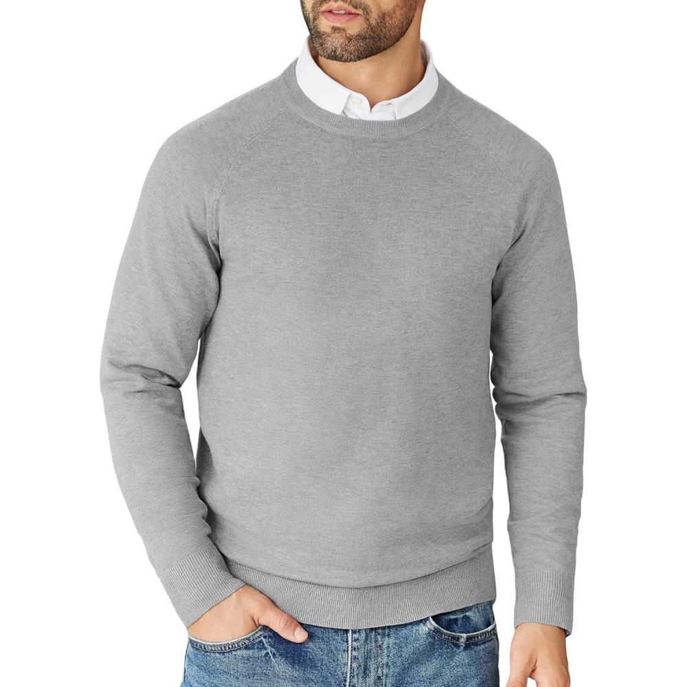 imageCOOFANDY Mens Crewneck Sweater Casual Dress Pullover Sweaters Slim Fit Lightweight Long Sleeve Raglan SweatersLight Grey