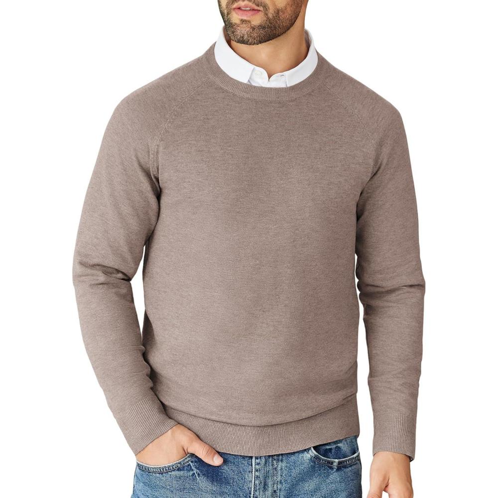 imageCOOFANDY Mens Crewneck Sweater Casual Dress Pullover Sweaters Slim Fit Lightweight Long Sleeve Raglan SweatersLight Khaki